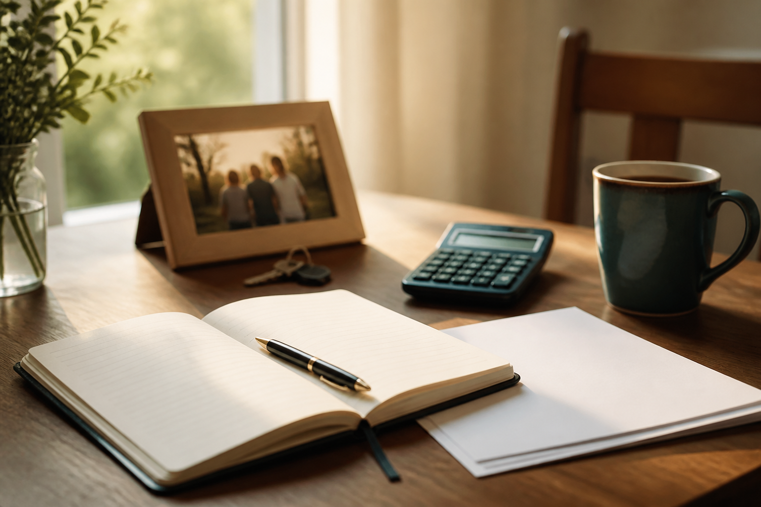 Planning notebook, calculator, and family photo on a table